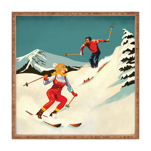 The Whiskey Ginger Retro Skiing Couple Square Tray