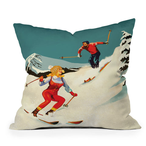 The Whiskey Ginger Retro Skiing Couple Throw Pillow