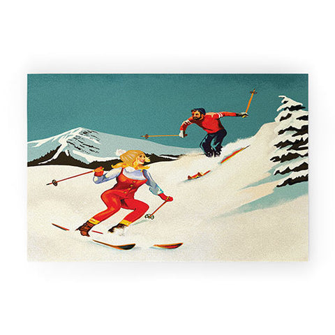 The Whiskey Ginger Retro Skiing Couple Welcome Mat