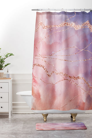 UtArt Blush and Purple Sky with Rose Shower Curtain And Mat
