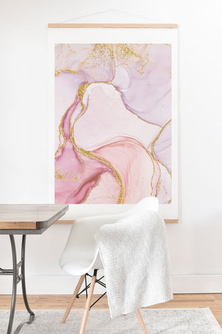 UtArt Blush Pink And Gold Alcohol Ink Marble Art Print And Hanger