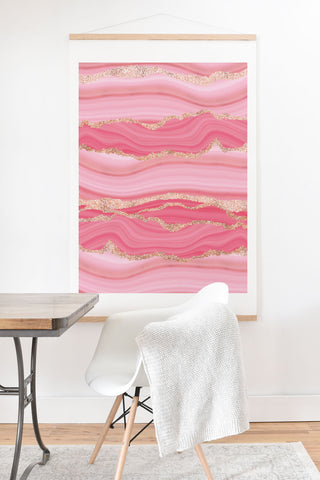 UtArt Blush Pink And Gold Marble Stripes Art Print And Hanger