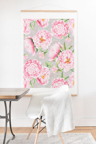 UtArt Hygge Blush Pink Peonies Pattern on Gray Art Print And Hanger