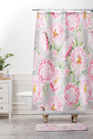 UtArt Hygge Blush Pink Peonies Pattern on Gray Shower Curtain And Mat