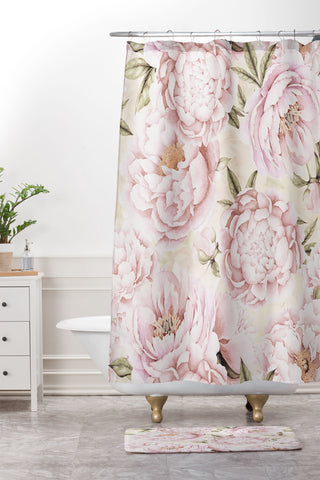 UtArt Pastel Blush Pink Spring Watercolor Peony Flowers Pattern Shower Curtain And Mat
