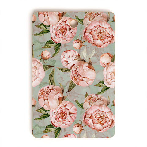 UtArt Peach Peonies Watercolor Pattern on Teal Sepia Cutting Board Rectangle
