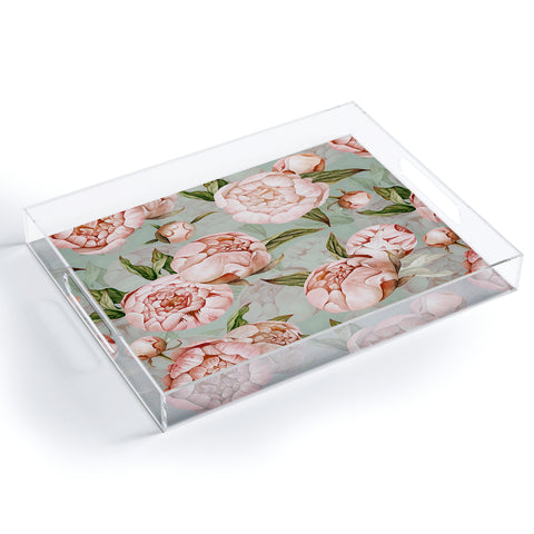 UtArt Peach Peonies Watercolor Pattern on Teal Sepia Acrylic Tray