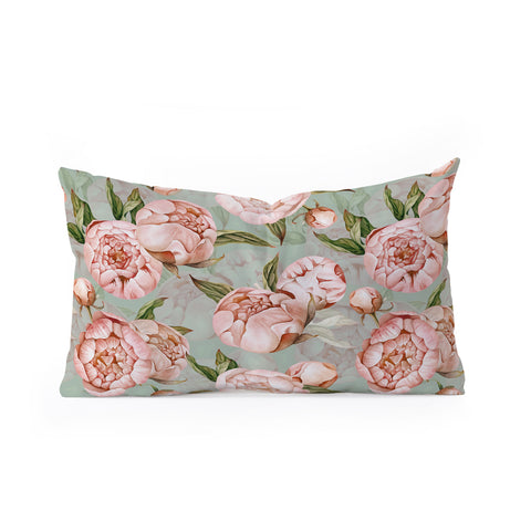 UtArt Peach Peonies Watercolor Pattern on Teal Sepia Oblong Throw Pillow