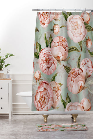 UtArt Peach Peonies Watercolor Pattern on Teal Sepia Shower Curtain And Mat