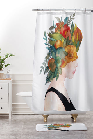 Viviana Gonzalez Woman in flowers watercolor Shower Curtain And Mat