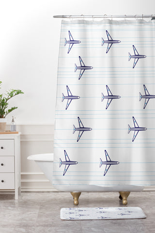 Vy La Airplanes And Stripes Shower Curtain And Mat
