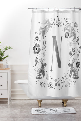 Wonder Forest Folky Forest Monogram Letter N Shower Curtain And Mat