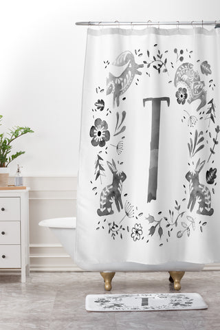 Wonder Forest Folky Forest Monogram Letter T Shower Curtain And Mat