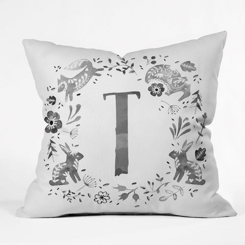 Wonder Forest Folky Forest Monogram Letter T Outdoor Throw Pillow