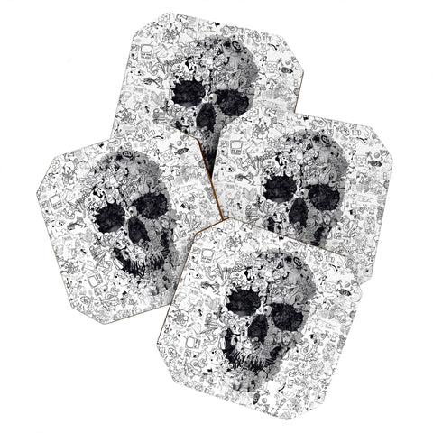 Ali Gulec Doodle Skull BW Coaster Set