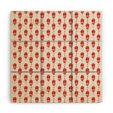 alison janssen Red Floral Block Print Wood Wall Mural