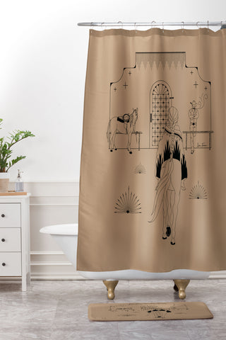 Allie Falcon Last Stop Tan Black Shower Curtain And Mat