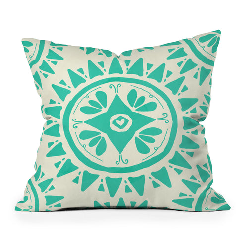 Allyson Johnson Boho Medallion Bright Teal Outdoor Throw Pillow