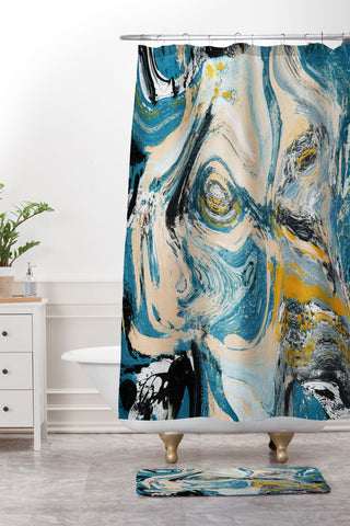 Alyssa Hamilton Art Tide Pool blue yellow and peach Shower Curtain And Mat