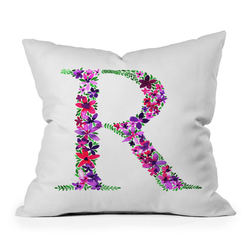 Amy Sia Floral Monogram Letter R Outdoor Throw Pillow