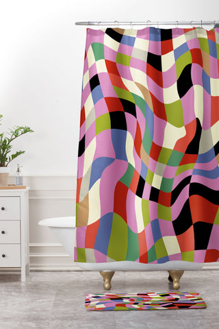 Ana Rut Bre Fine Art fluid retro checkers Shower Curtain And Mat