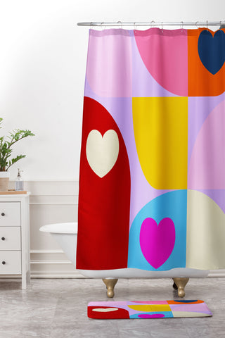 Ana Rut Bre Fine Art Vday hearts mid century modern Shower Curtain And Mat