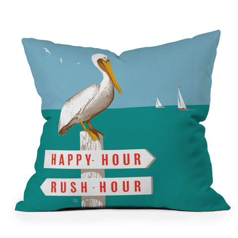 Anderson Design Group Pelican On Rush Hour Happy Hour Sign Outdoor Throw Pillow
