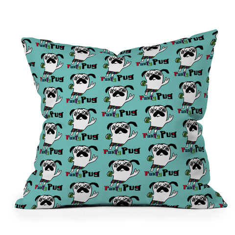 Andi Bird Party Pug Aqua Outdoor Throw Pillow