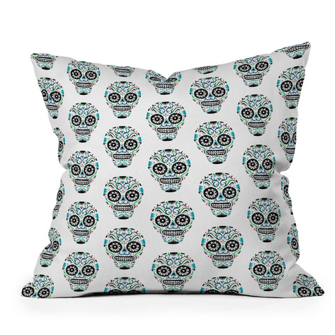 Andi Bird Sugar Skull Blue Outdoor Throw Pillow