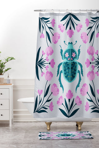 Angela Minca Beetle and flowers Shower Curtain And Mat