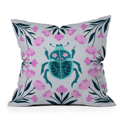Angela Minca Beetle and flowers Throw Pillow