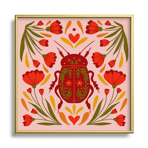 Angela Minca Beetle with flowers Square Metal Framed Art Print