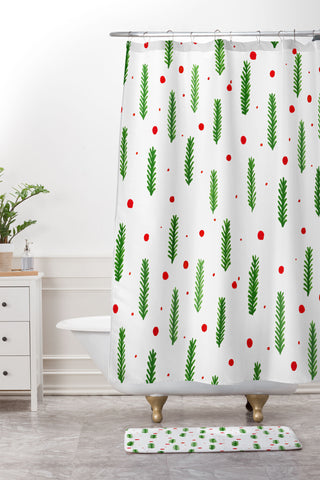 Angela Minca Christmas branches and berries Shower Curtain And Mat