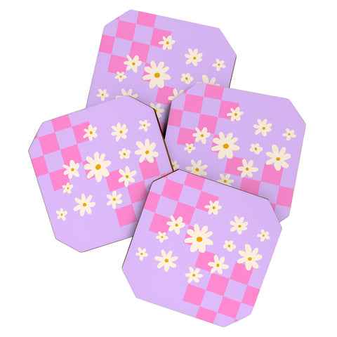 Angela Minca Daisies and grids pink Coaster Set