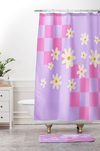 Angela Minca Daisies and grids pink Shower Curtain And Mat