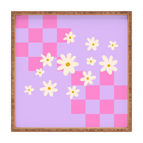 Angela Minca Daisies and grids pink Square Tray