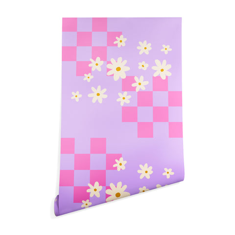 Angela Minca Daisies and grids pink Wallpaper