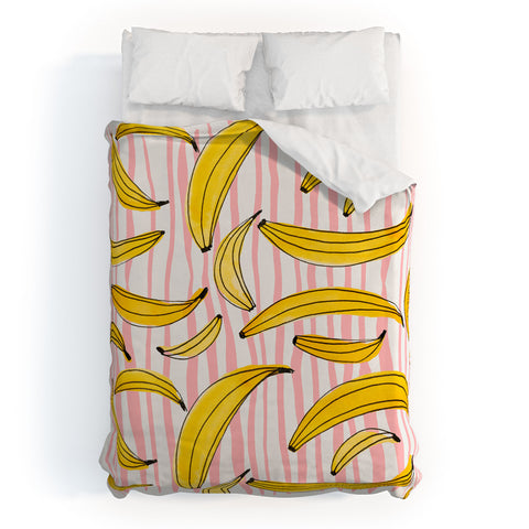 Angela Minca Doodle bananas on pink stripes Duvet Cover