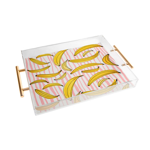 Angela Minca Doodle bananas on pink stripes Acrylic Tray