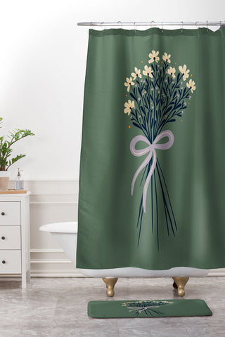 Angela Minca Floral bouquet with bow green Shower Curtain And Mat
