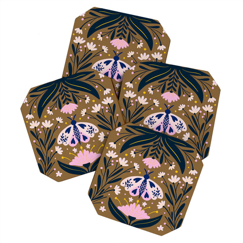 Angela Minca Folk Art Moth Golden Brown Coaster Set