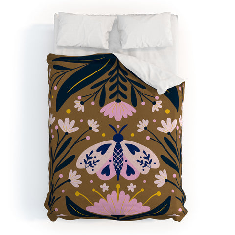 Angela Minca Folk Art Moth Golden Brown Duvet Cover