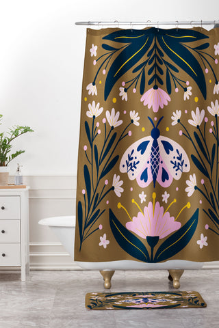 Angela Minca Folk Art Moth Golden Brown Shower Curtain And Mat