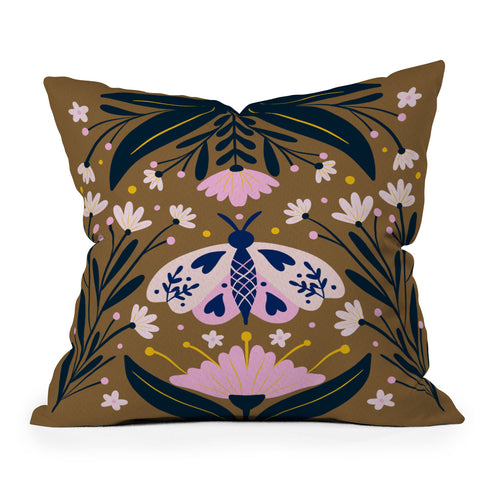Angela Minca Folk Art Moth Golden Brown Throw Pillow