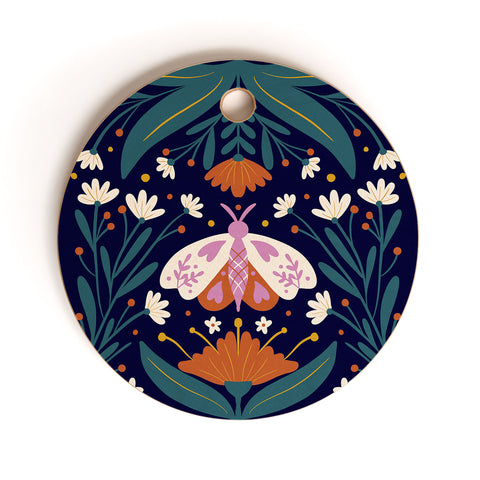 Angela Minca Folk Art Moth Orange Cream Cutting Board Round