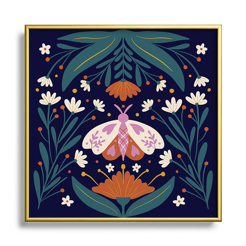 Angela Minca Folk Art Moth Orange Cream Square Metal Framed Art Print