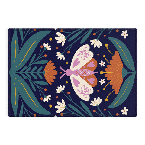 Angela Minca Folk Art Moth Orange Cream Outdoor Rug
