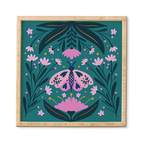Angela Minca Folk Art Moth Pink Teal Framed Wall Art