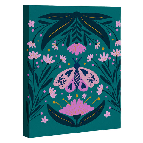 Angela Minca Folk Art Moth Pink Teal Art Canvas