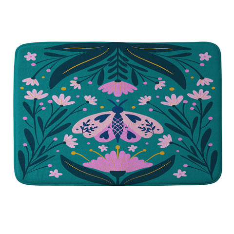 Angela Minca Folk Art Moth Pink Teal Memory Foam Bath Mat